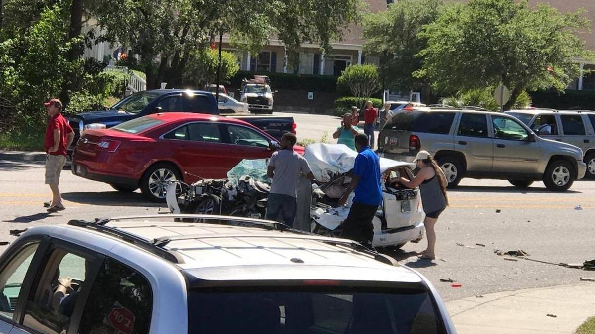 A scene from the fatal crash at Sea Island Parkway and Cougar Drive near Sams Point Road Wednesday afternoon.