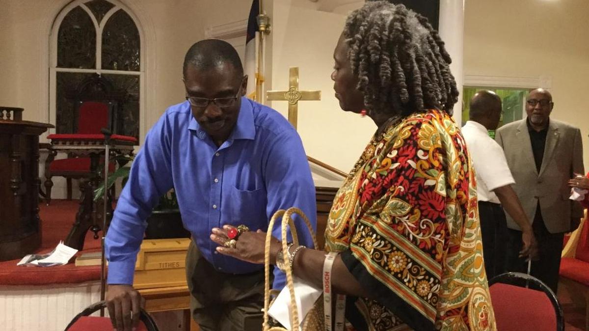 Michael Allen, with the National Park Service, speaks with Jery Taylor following a community discussion for the idea of a national monument to Reconstruction in Beaufort County on Thursday at Tabernacle Baptist Church in Beaufort.