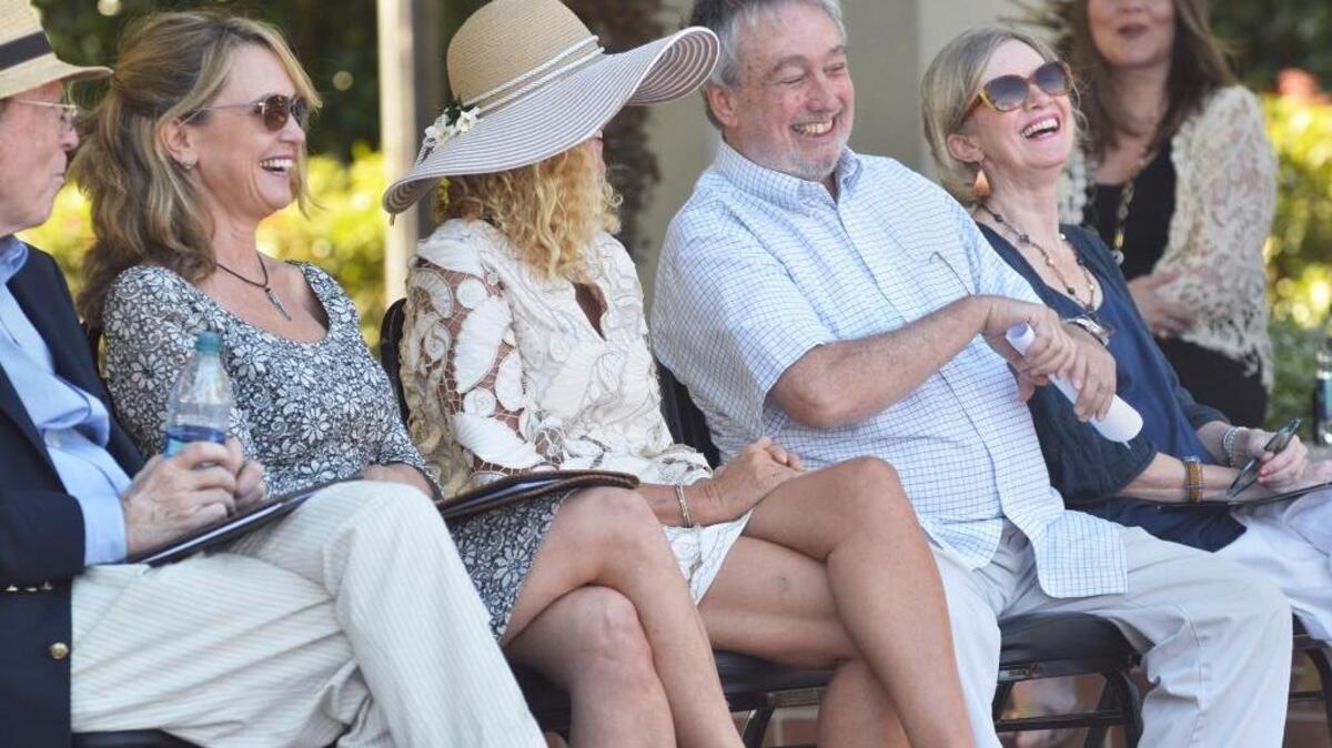 Speakers, from left, South Carolina historian Walter Edgar; novelist Patti Callahan Henry; USC Beaufort English professor and author Ellen Malphrus; lifelong Conroy friend Bernie Schein; and Conroy’s widow, novelist Cassandra King, share a laugh during at the May 14, 2016, memorial service for author Pat Conroy.