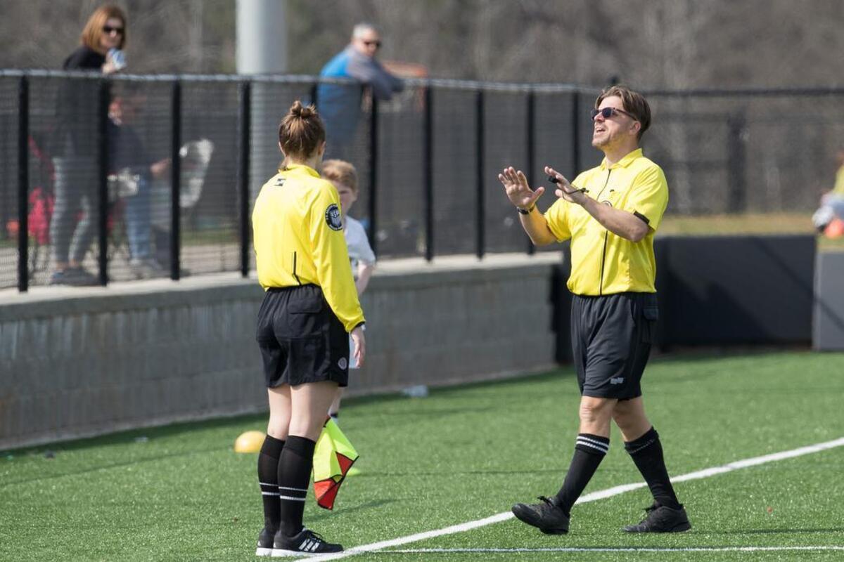 Referee Melvin Stove of Bluffton, addresses a parent’s behavior during a match at the Discoveries Soccer Clubs Ray Thompsett Invitational at the Comporium Athletic Park on March 10, 2018 in Fort Mill.
