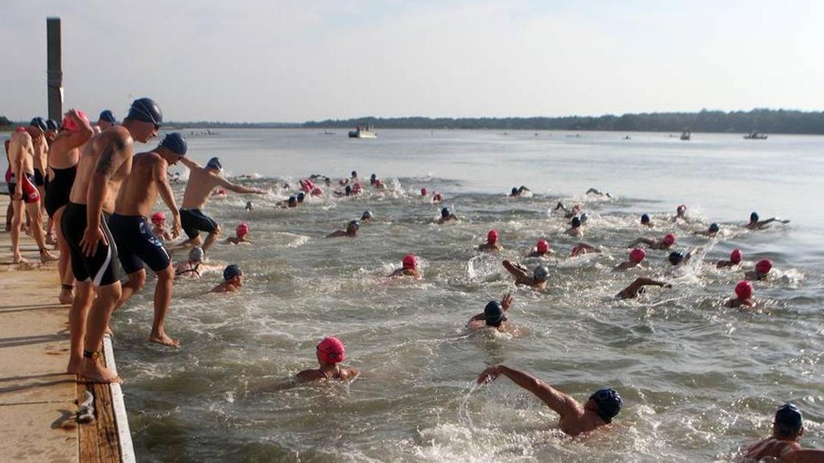 Swimmers jump in the water for the start of the Beaufort River Swim in 2015. The event returns Saturday and is celebrating 10 years of helping raise money for Wardle Family YMCA’s Learn to Swim program.