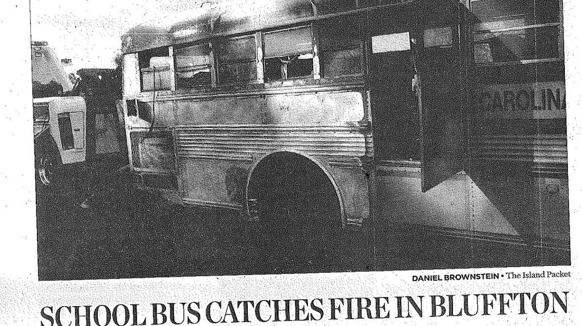 A school bus damaged in a fire on Bluffton’s Buckwalter Parkway is shown in this April 22, 2008 edition of the Island Packet. Nine elementary school students were evacuated.