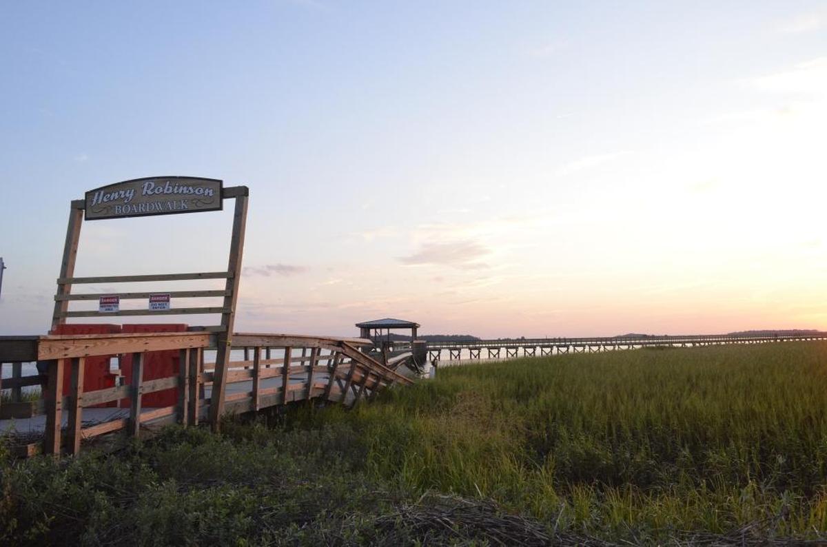 A portion of the Henry Robinson Boardwalk at The Sands in Port Royal, S.C., was destroyed by Tropical Storm Irma on Monday, Sept. 11, 2017.