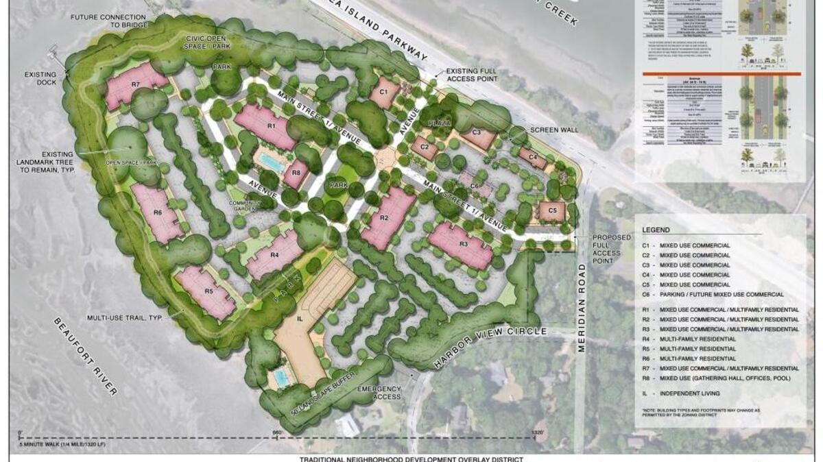 A conceptual plan of the Whitehall property on Lady’s Island shows seven planned apartment buildings, commercial space and an independent living facility. A planning committee denied requested zoning on the property on Monday, November 13, 2017, leaving future plans uncertain.