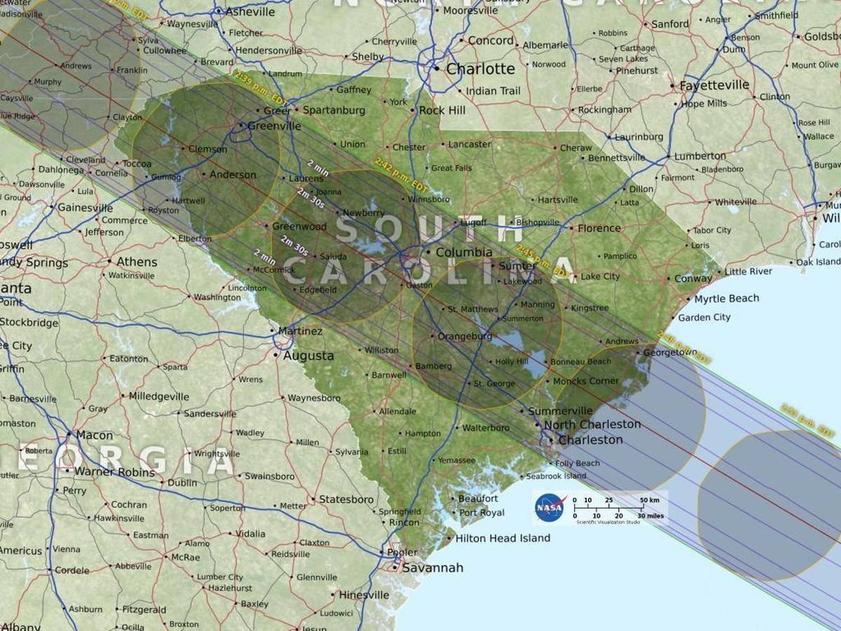 NASA’s South Carolina map of the 2017 total solar eclipse, which is forecast to end in Charleston at 2:48 p.m. on Monday, Aug. 21. It will be the first total solar eclipse in the continental U.S. in 38 years. Beaufort County residents will see more than 90 percent of the sun obscured by the moon.