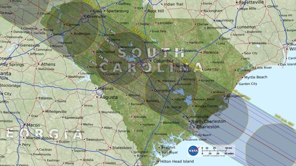 NASA’s South Carolina map of the 2017 total solar eclipse, which is forecast to end in Charleston at 2:48 p.m. on Monday, Aug. 21. It will be the first total solar eclipse in the continental U.S. in 38 years. Beaufort County residents will see more than 90 percent of the sun obscured by the moon.