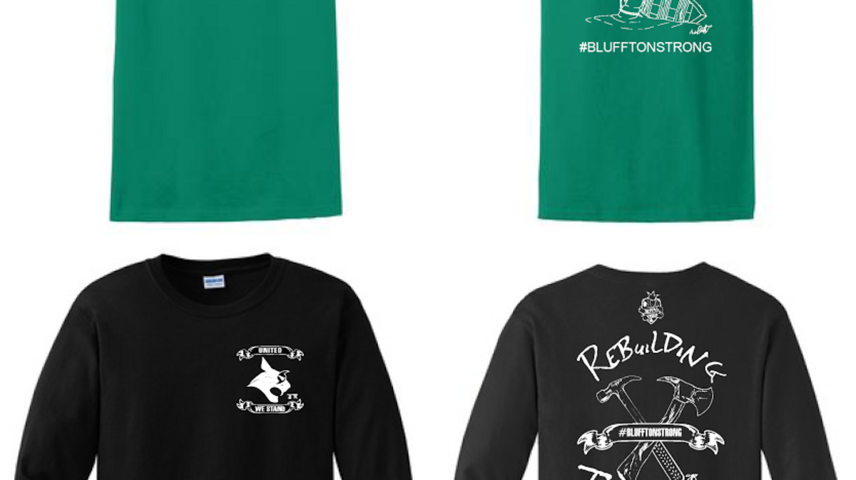 Bluffton Bobcat T-shirts for Hurricane Matthew relief, designed by senior art students Annie Barrett, Taylor Brewer, Lylean Olivera and Jake Ryan.