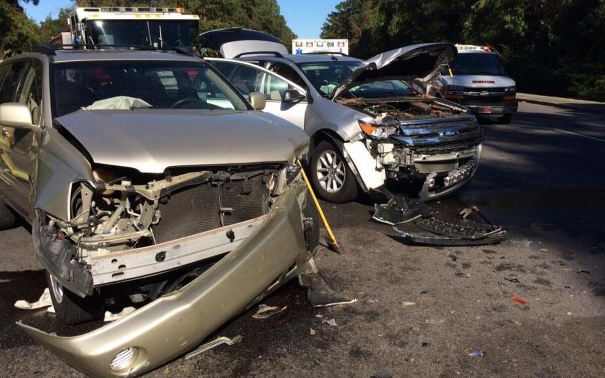 A two-vehicle crash injured two people on Sunday afternoon on Robert Smalls Parkway near Parris Island Gateway.