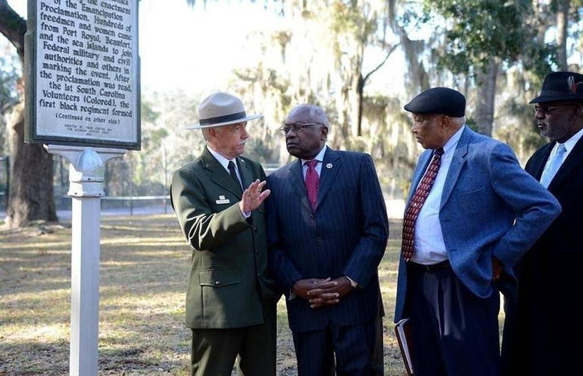 National Park Service director Jonathan Jarvis, from left, talks with Congressman Jim Clyburn and Port Royal mayor Sam Murray on the Emancipation Day celebration spot on Dec. 15, 2016, on the United States Naval Hospital Beaufort campus in Port Royal.
