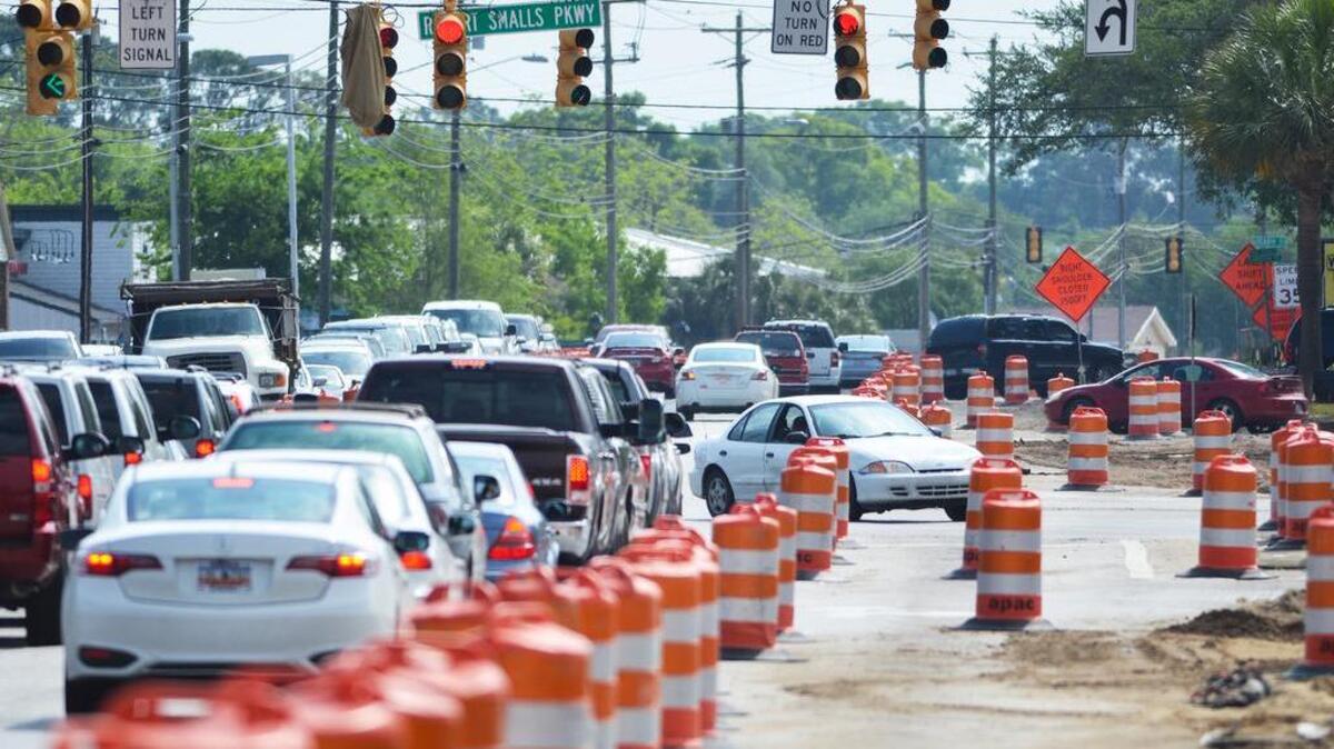 Motorists negotiate the barrel-scape that is the intersection of Robert Smalls Parkway and Boundary Street in this May 2, 2016, view looking east down Boundary Street.