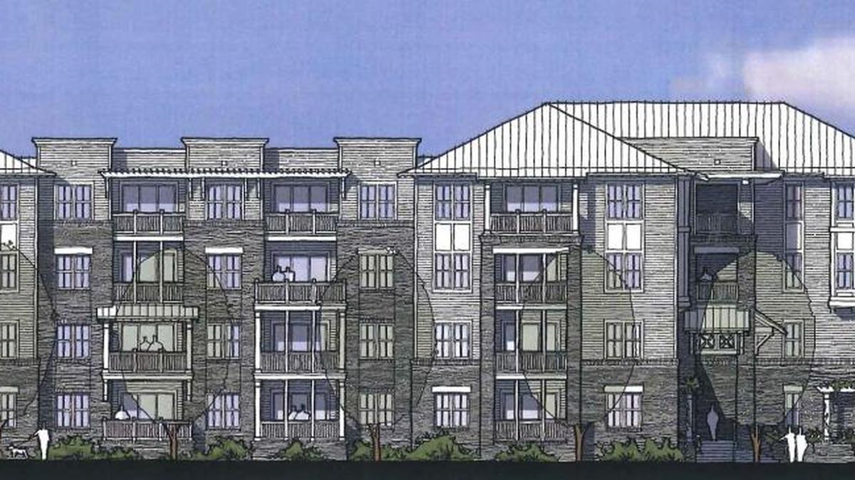 A conceptual elevation drawing of one of two four-story apartment buildings, each having 72 apartments for the Proposed Wright's Point Apartments. According to development plans, the site would also have four other, three-story apartment buildings – each having 30 apartments.