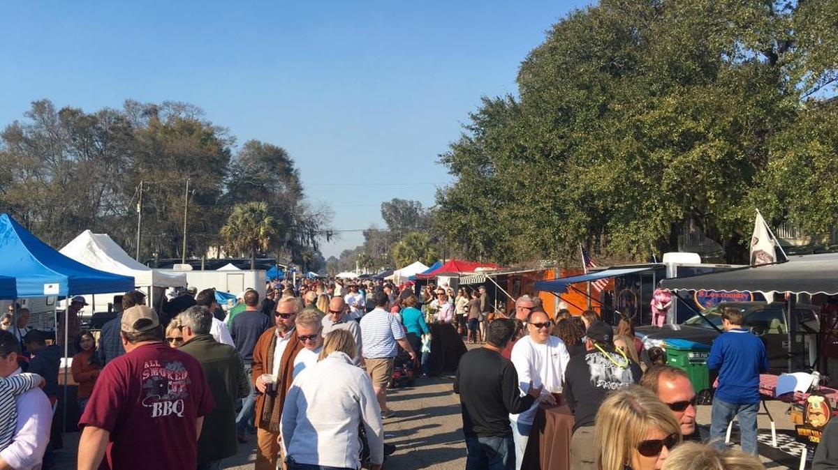 Crowds pack the streets in Beaufort County for the Bands, Brews, and BBQ festival in early March.