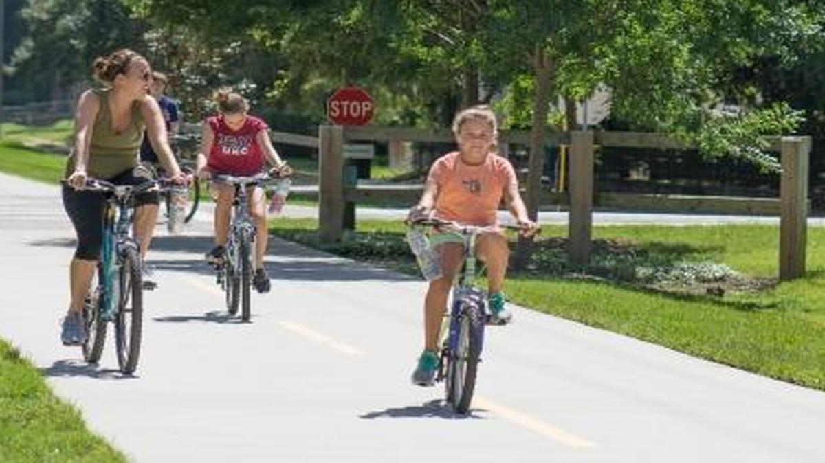 Bicyclists glide along the Spanish Moss Trail.