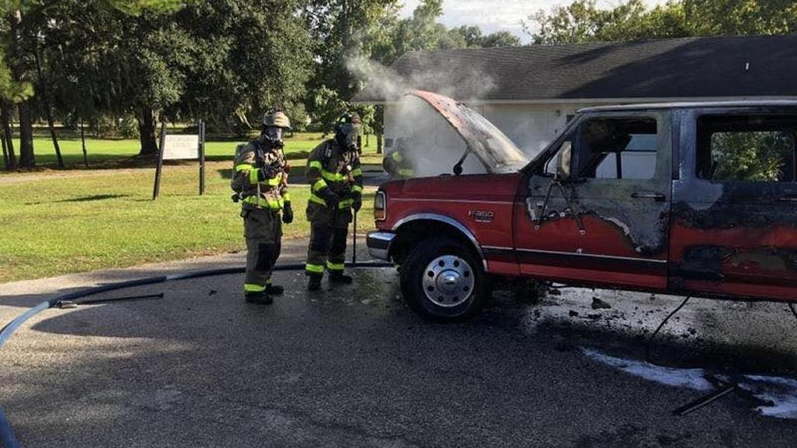 A Ford F-250 was in flames in the southbound lane of Sea Island Parkway around 3:30 p.m. Tuesday, fire district spokesman Scott Harris said on Wednesday. The whole front end of the truck was on fire and producing quite a bit of smoke when firefighters arrived.