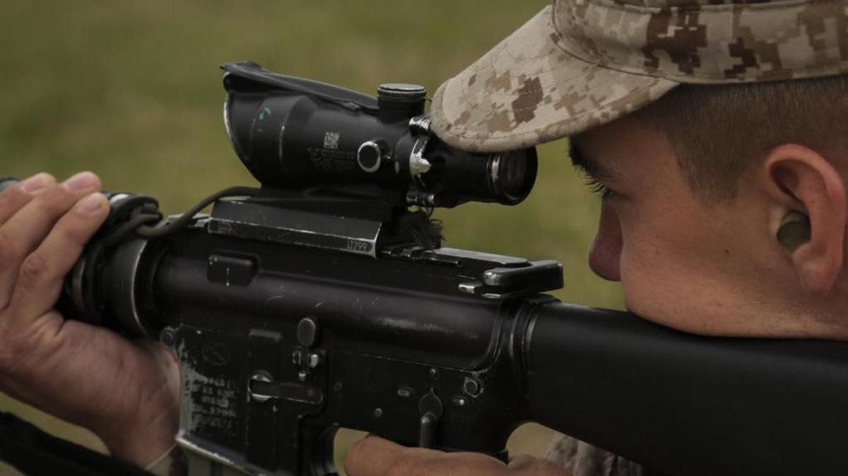 A U.S. Marine Corps recruit takes aim March 6, 2017, on the rifle range at Marine Corps Recruit Depot Parris Island, S.C.