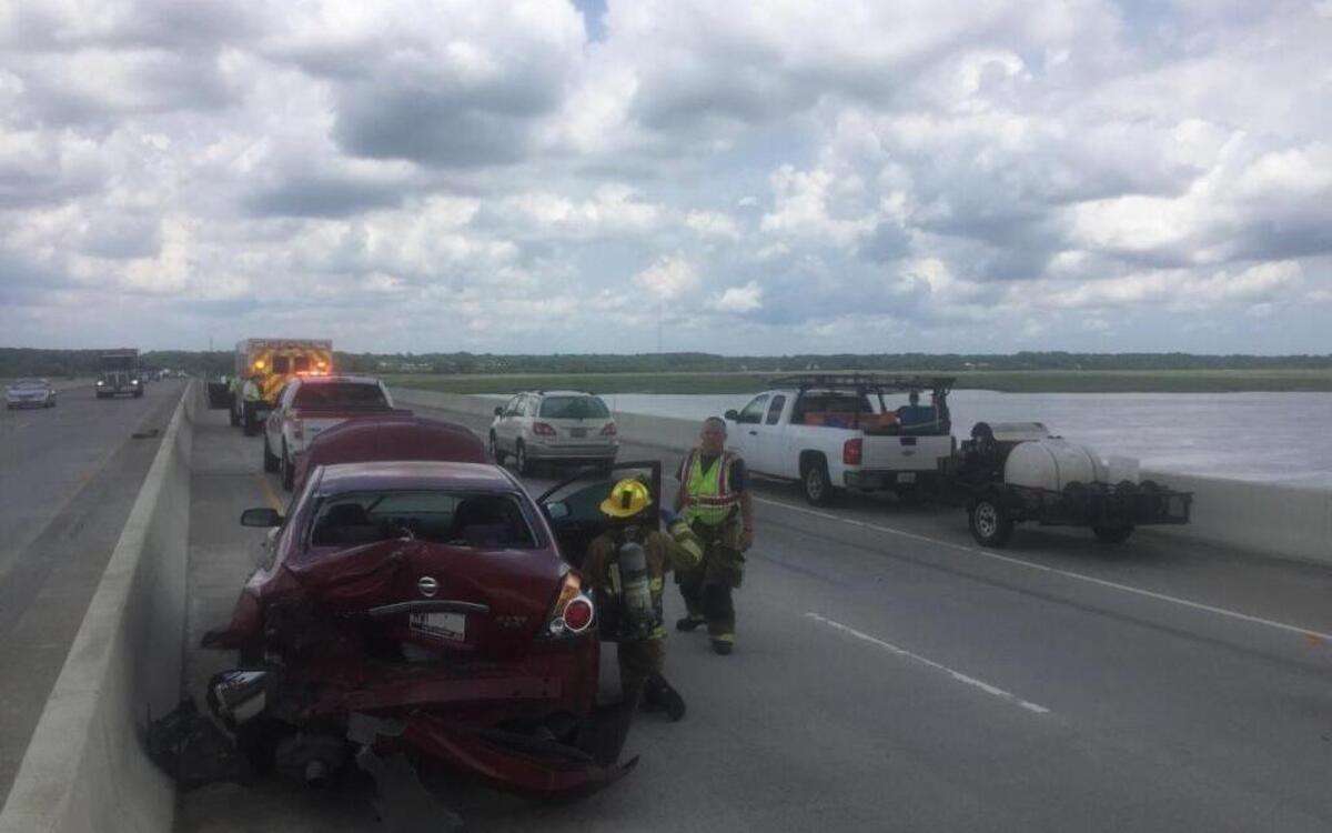A three-vehicle crash on the Broad River Bridge injured one person and stalled traffic for about 30 minutes Monday afternoon. A disabled vehicle pulled partially to the side of the road was not struck.