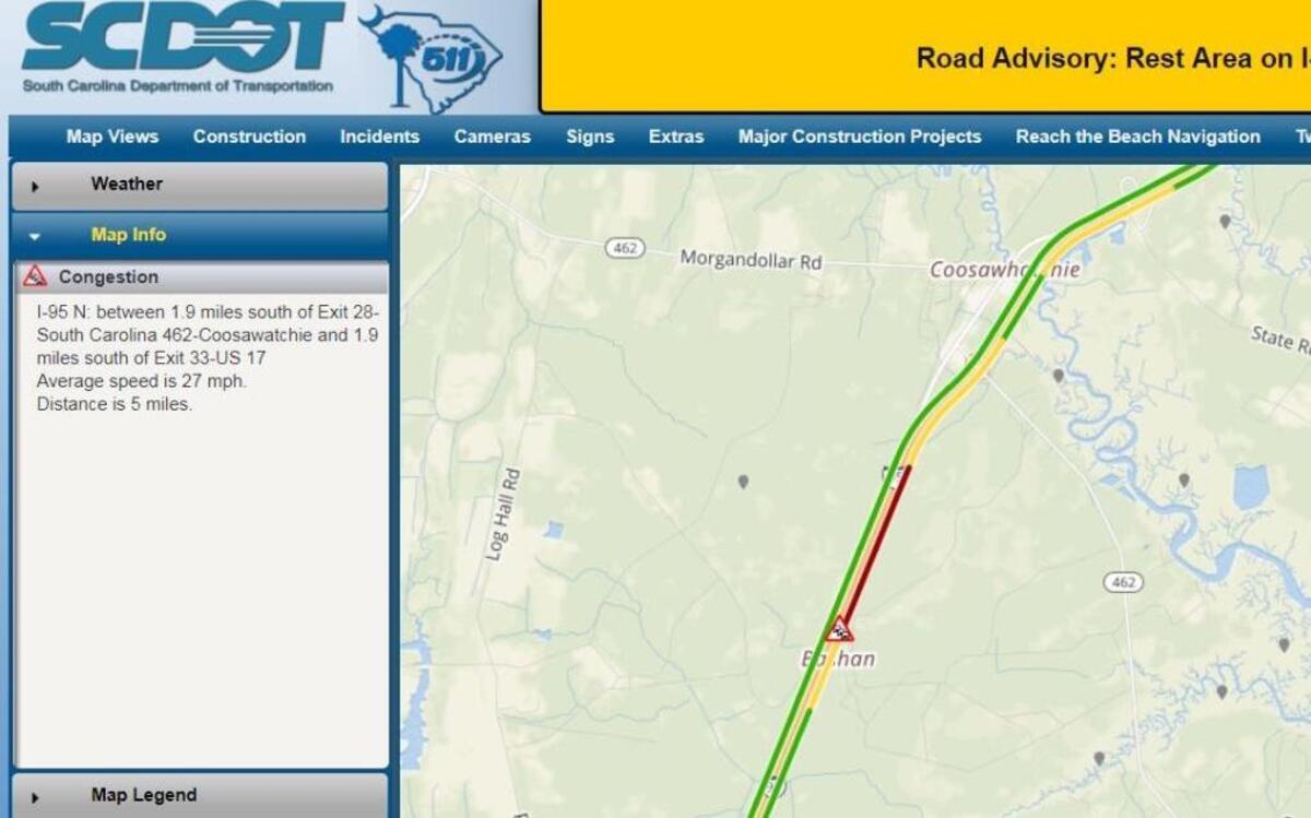 South Carolina Department of Transportation traffic information showed congestion on I-95 northbound near Coosawhatchie Monday afternoon.