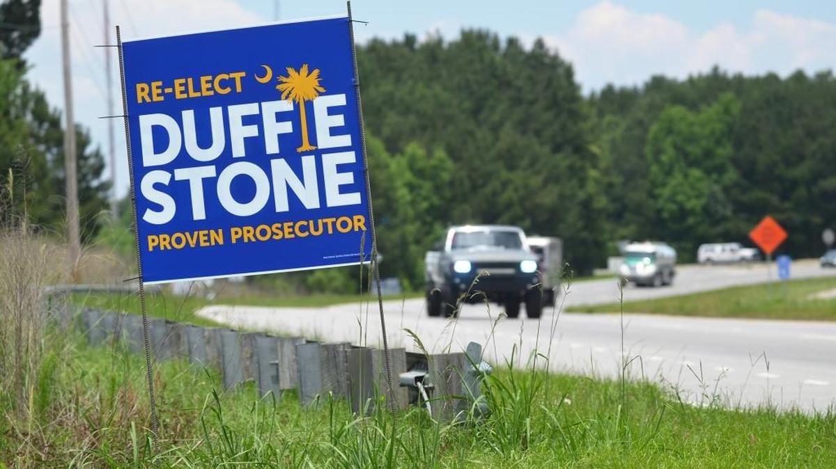 A sign promoting Duffie Stone's run to be re-elected as 14th Circuit Solicitor is photographed Wednesday on the westbound shoulder of S.C. 170 just west of the S.C. 462 intersection.