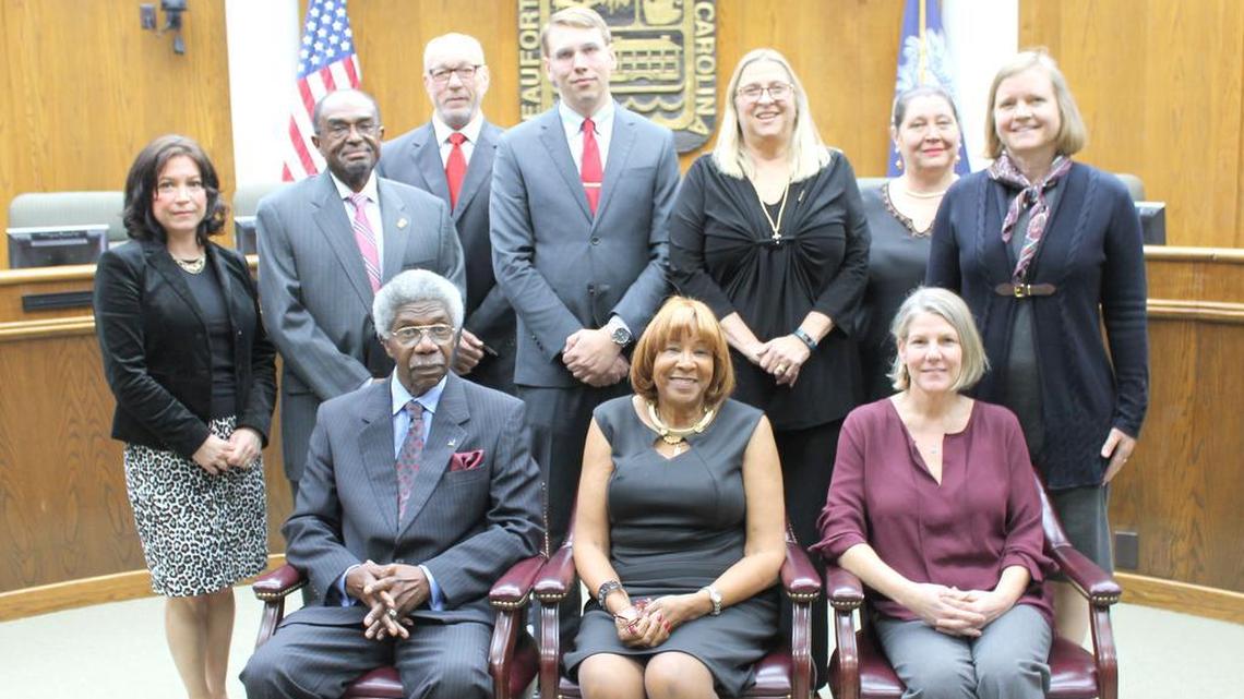 The Beaufort County School Board, front row, from left, Vice Chair Earl Campbell, Chairwoman Patricia Felton-Montgomery and Secretary Geri Kinton. Second row, from left, JoAnn Orischak, Bill Payne, David Striebinger, Joseph Dunkle, Mary Cordray, Evva Anderson and Christina Gwozdz.