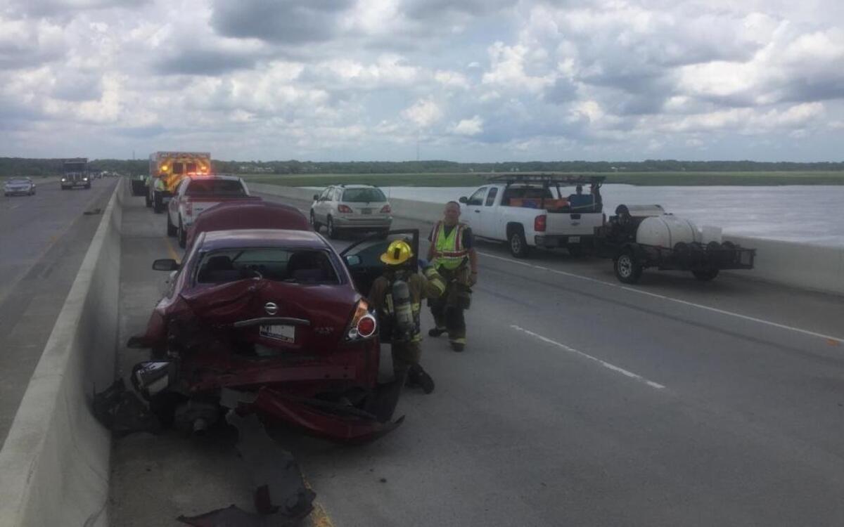 A four-vehicle crash on the Broad River Bridge injured one person and stalled traffic for about 30 minutes Monday afternoon.