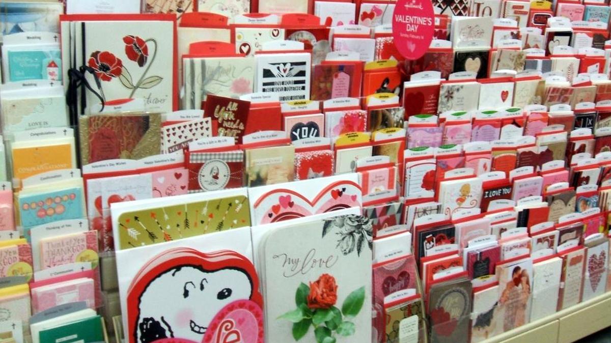 A bank of Valentine’s Day cards reminds us of February’s premier holiday.