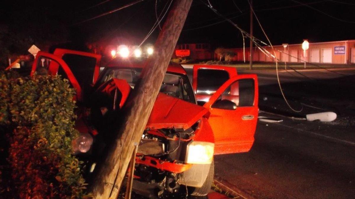 A traffic accident involving a red 2005 Dodge Dakota on Ribaut Road Sunday morning disabled most of the power in the town of Port Royal.