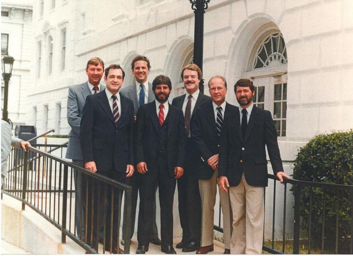 The Operation Jackpot task force in front of the U.S. attorney’s office in Columbia. From left, Dewey Greager (DEA), Mark Goodwin (FBI), U.S. Attorney Henry Dargan McMaster, Mike Lemnah (U.S. Customs Patrol), Brian Tim Wellesley (IRS), Claude McDonald (U.S. Customs), and David Forbes (IRS).