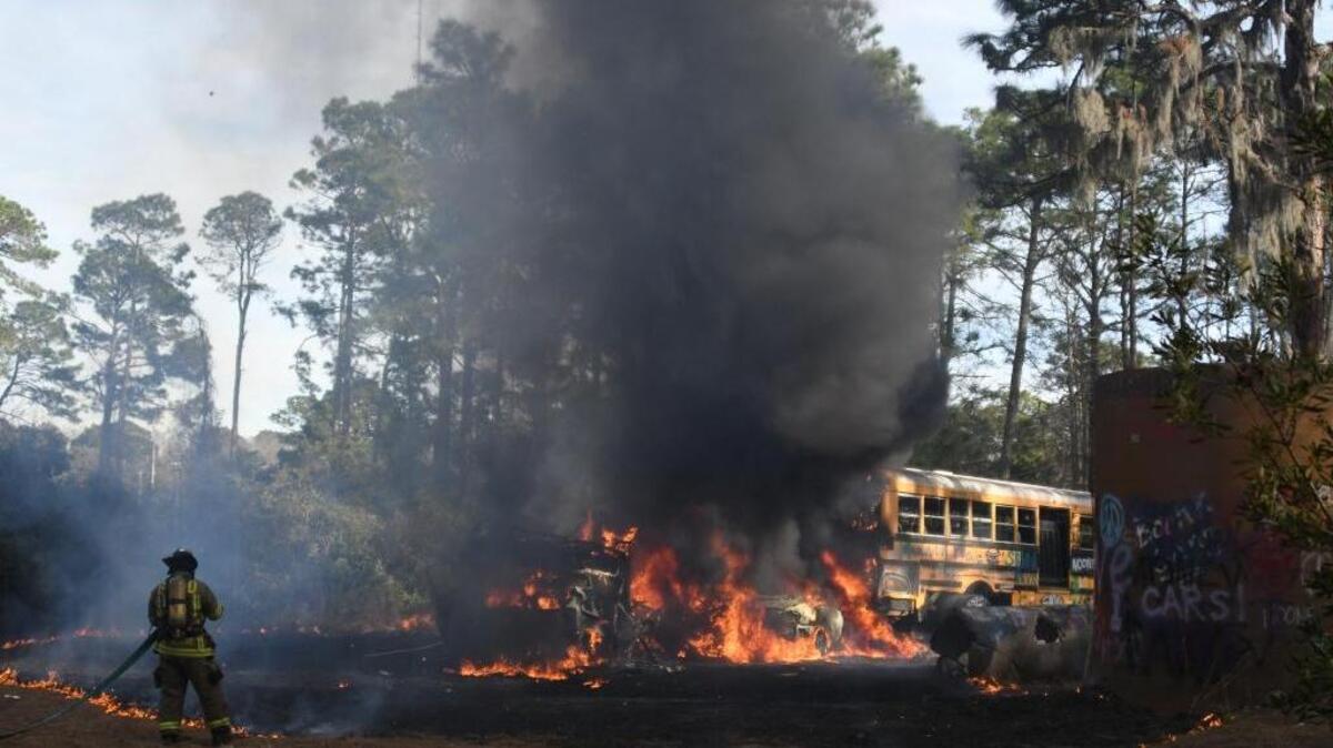 “Scrap” training vehicles burn at a Bluffton Township Fire District training site Tuesday, January 16, 2018, in Bluffton, S.C. The district and Beaufort County Sheriff’s Office are investigating the incident as a “suspicious fire.”