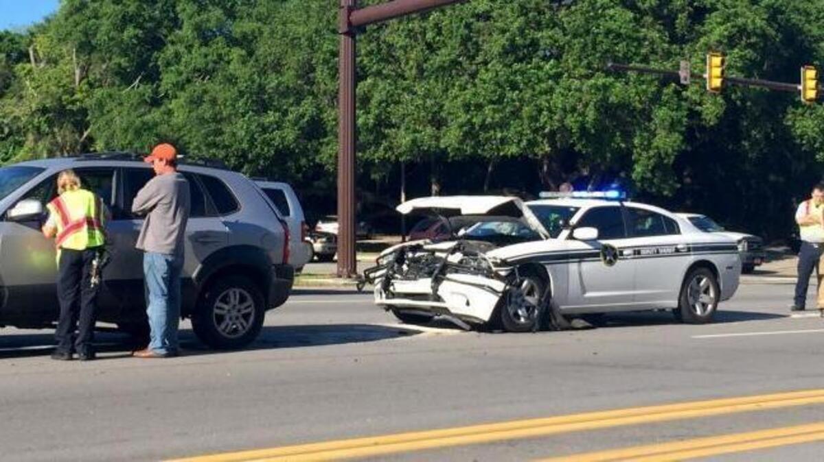 Two of three vehicles, one of them a Beaufort County Sheriff's Office deputy cruiser, involved in a wreck May 6, 2016, at eastbound US 278 and Spanish Wells Road on Hilton Head Island.