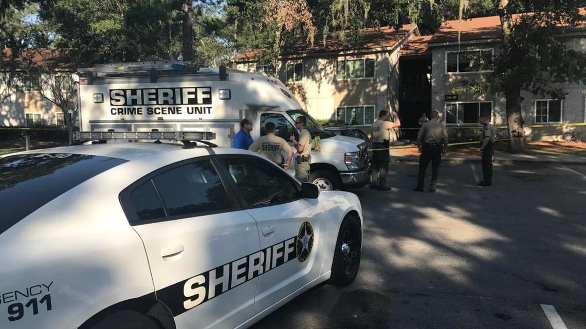 The scene outside Hilton Garden Apartments after a child was shot by an unknown assailant Saturday afternoon.