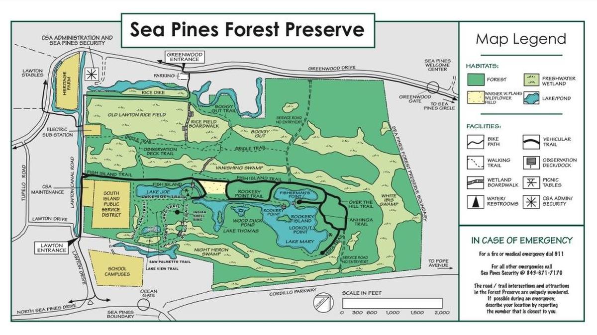 In this map available online, several entrances to the Sea Pines Forest Preserve are shown. The Indian Shell Ring is located in the southwestern portion of the map, visible by a black dot.