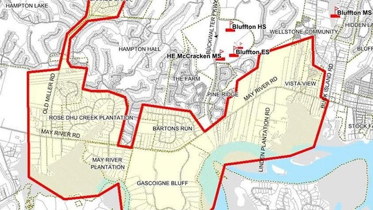 Under this rezoning option under consideration, students in the highlighted neighborhoods would shift from Pritchardville Elementary to Bluffton Elementary starting in 2017-18.