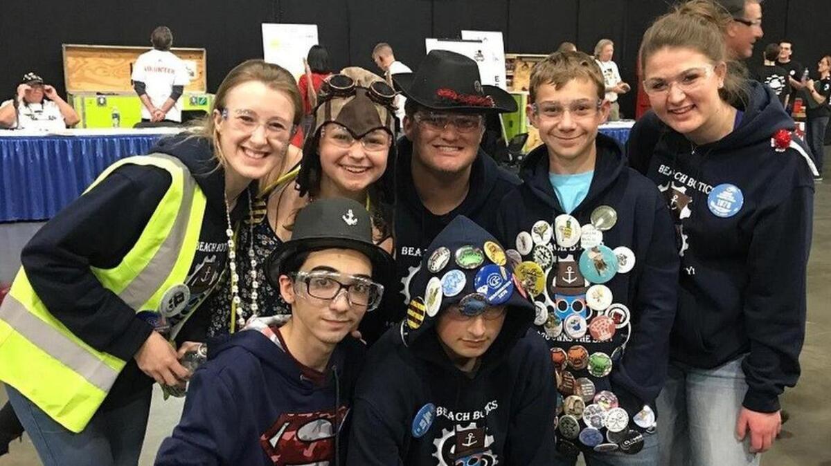 The floor unit for Hilton Head Island’s robotics team are shown in Myrtle Beach. Kneeling are Bryan Velazquez and Frank Delong; standing are Alexandra Tappeiner, captain Melissa Bonvissuto, James Kellam, Max Weitekamper and Emily McPherson.