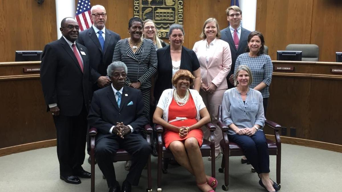 The Beaufort County School Board includes, front row, from left, vice chair Earl Campbell, chairwoman Patricia Felton-Montgomery and secretary Geri Kinton. Second row, from left, ​Bill Payne, David Striebinger, Cynthia Gregory-Smalls, Mary Cordray, Evva Anderson, Christina Gwozdz, Joseph Dunkle and JoAnn Orischak.