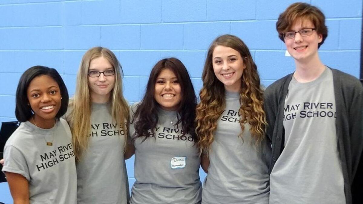 May River High’s winning Academic WorldQuest team of Jurnee Jones, Cheyanne Ward, Daniela Hernandez, alternate Michela Stephaens and Darwin Pitts.