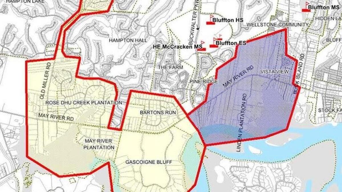 Under this option, students in the yellow neighborhoods would move from Pritchardville Elementary to Bluffton Elementary. The purple neighborhoods would be assigned to M.C. Riley Elementary.