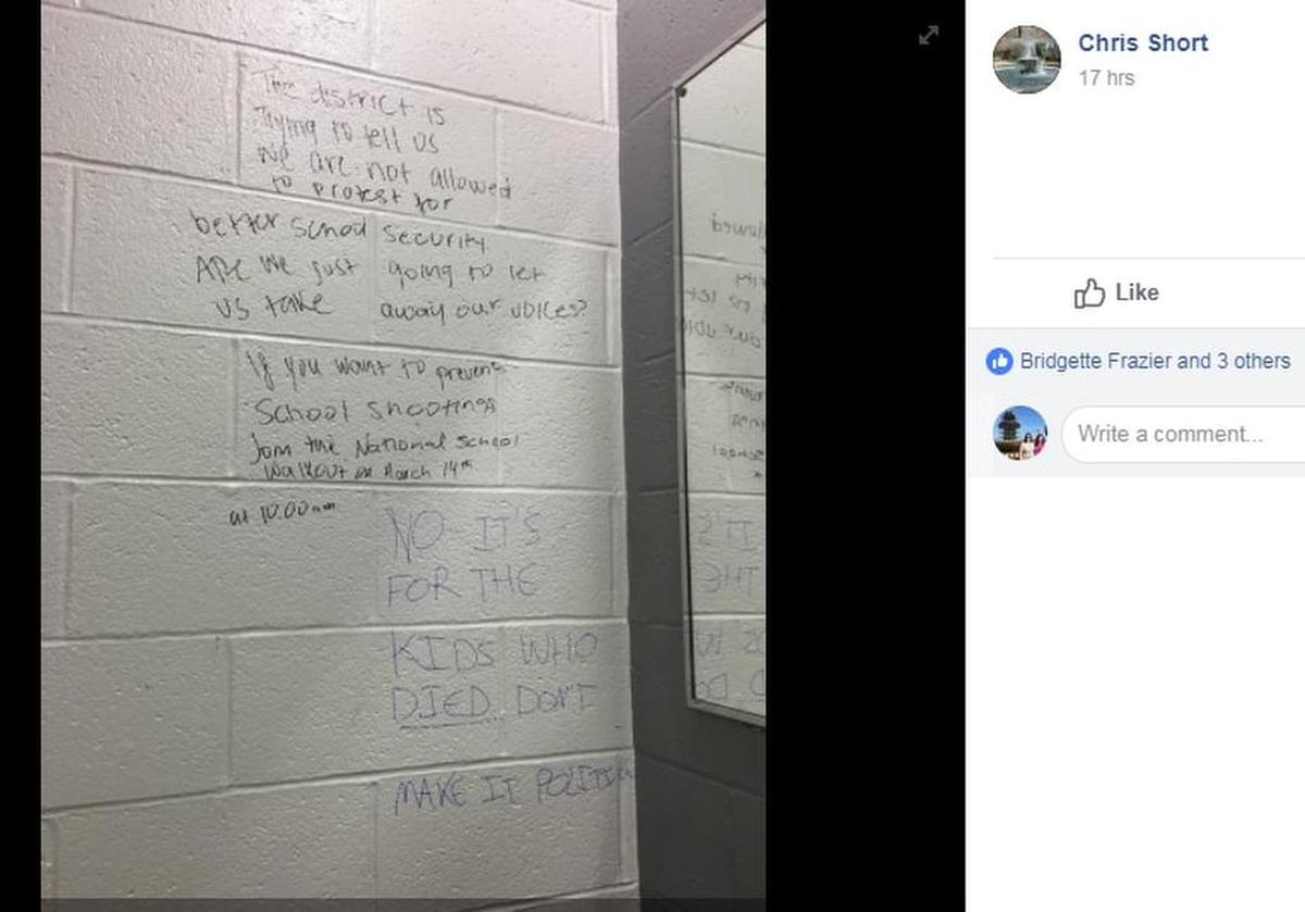 A screengrab from Facebook showing one of Bluffton High School students Ami Hughey’s messages written in permanent marker on a bathroom wall Friday.