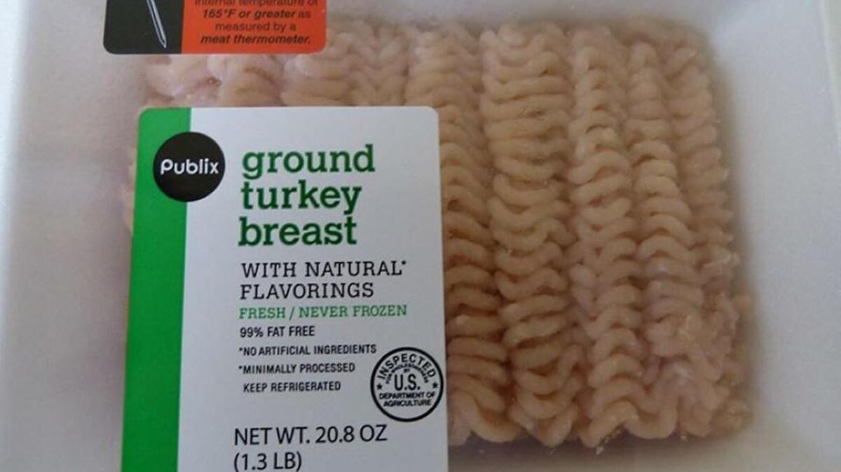 Recalled: 1.3-pound white styrofoam trays with clear plastic film covering packages containing ground turkey labeled “Publix ground turkey breast WITH NATURAL FLAVORINGS” or “Publix ground turkey WITH NATURAL FLAVORINGS” with ink jet printing on the side of trays displaying the first 4 digits of 7268 and 7269.
