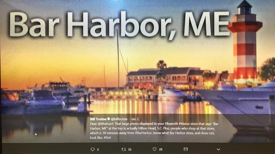 A photo on Twitter that shows the picture on Harbour Town displayed in a Walmart in Maine with an inaccurate label.