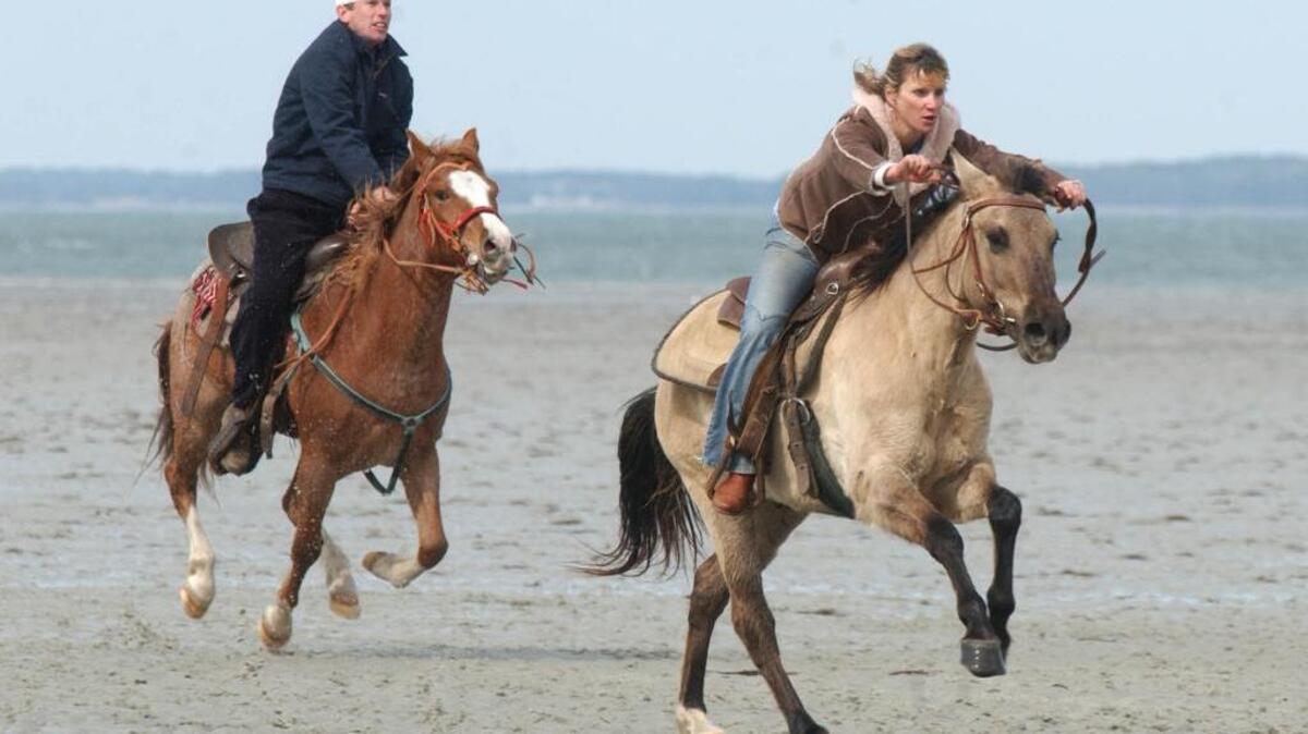 Wylie Bell, riding Postell, leads Ashley Lowther on Strawberry in a gelding heat of the Marsh Tacky races held Feb. 22, 2009, at Mitchelville Beach as part of the Hilton Head Island Gullah Celebration.