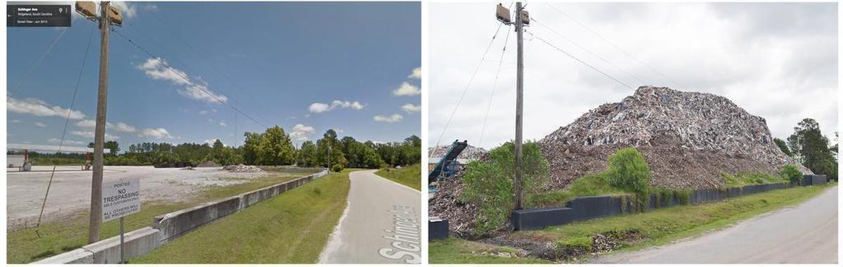 A photo from Google Maps, left, show the site of Material Recovery Center in Ridgeland in 2013. In a staff photo taken in May 2017, right, the recycling center, run by Able Contracting Inc., shows a nearly 60-foot pile of construction debris. The center is located in Jasper County on Schinger Avenue, near Riverwalk Business Park off of S.C. 170.