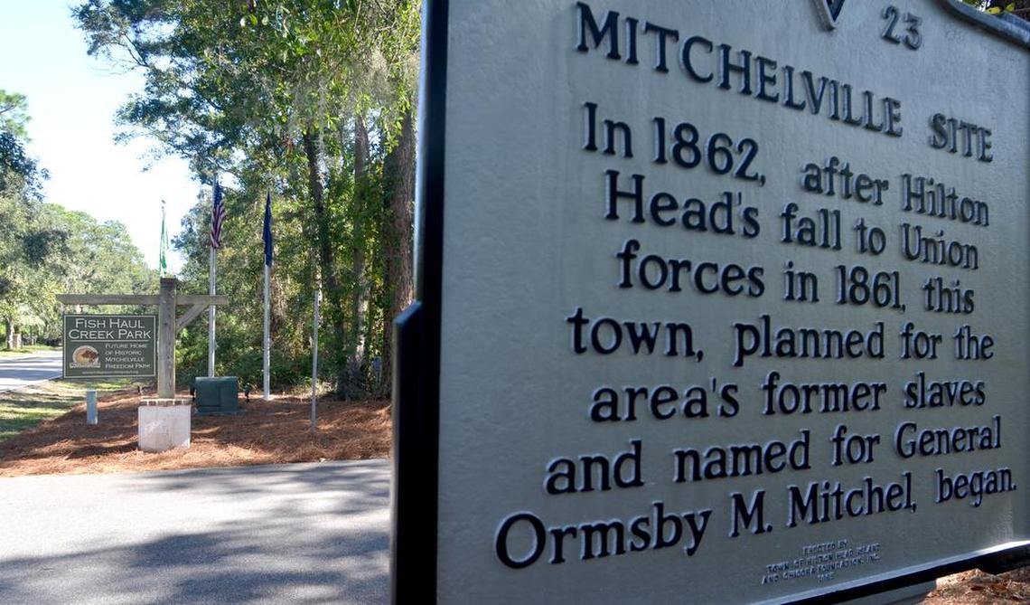 A historic marker describes the Mitchelville site at Fish Haul Creek Park and the home of Historic Mitchelville Freedom Park as seen on Monday, Oct. 16, 2017 on Hilton Head Island.