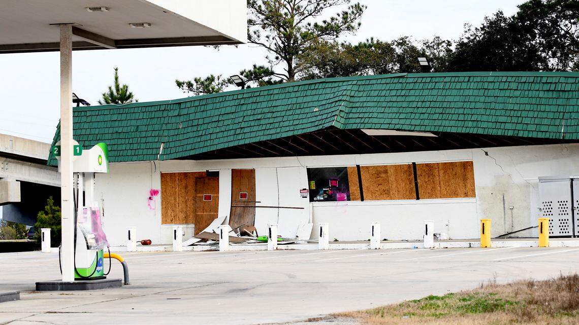 The former BP gas station sits empty and in disrepair near the eastbound entryway to Hilton Head on Fording Island Road in February.