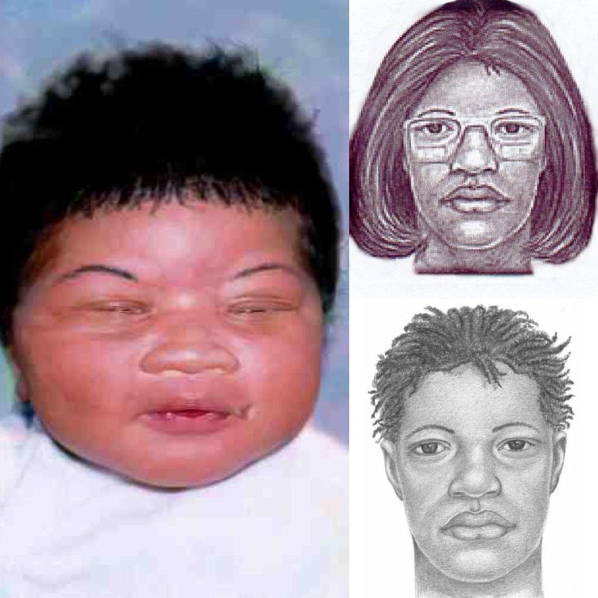 This composite image made available by the Jacksonville Sheriff’s Office in Jacksonville, Fla., shows a photo of an infant girl who was kidnapped by a woman as seen in the sketches. The composite was made available to the public 18 years ago.