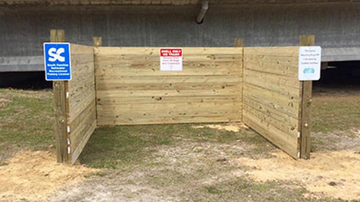 The new oyster shell recycling drop-off sits in the shadow of the Chechessee River Bridge in Beaufort County.
