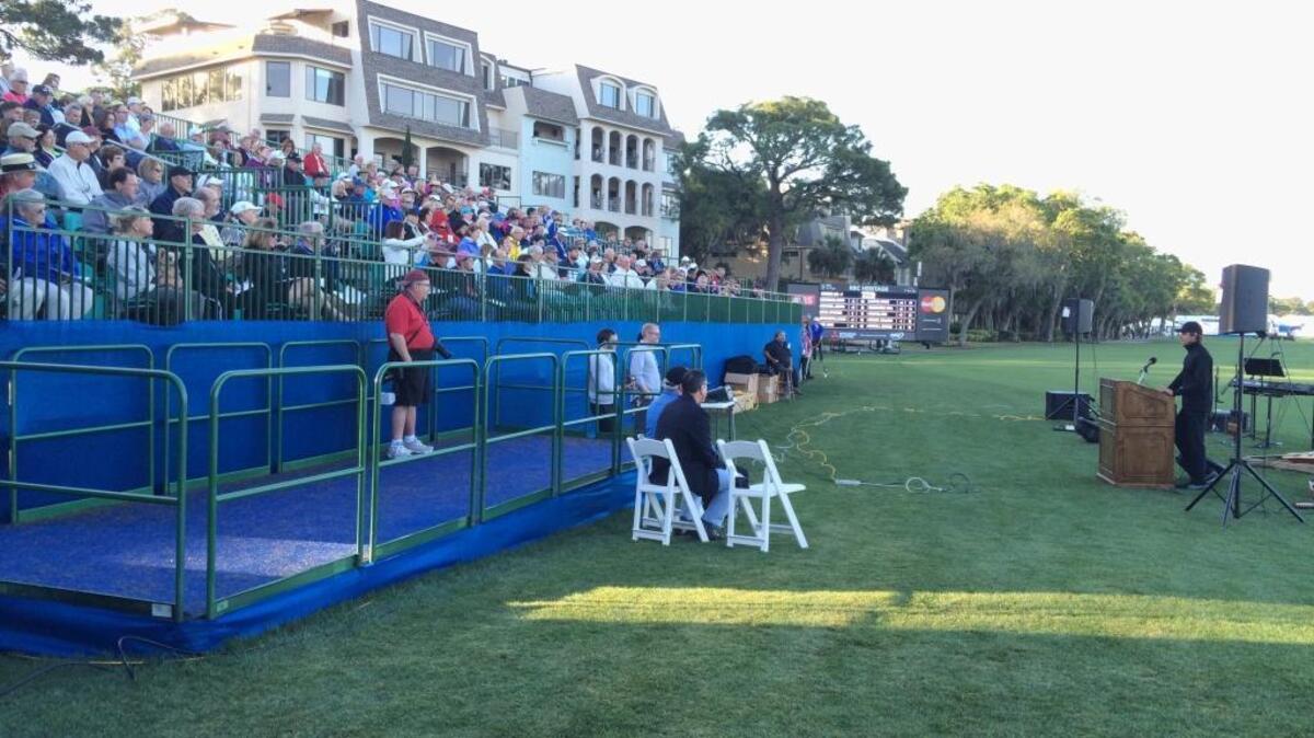 A few hundred people listen to Aaron Baddeley speak about faith and golf at the Sunrise Worship Service at the RBC Heritage presented by Boeing on Sunday, April 17, 2016.