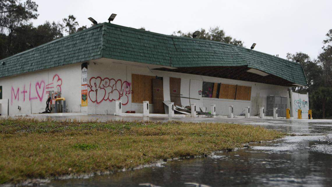 The former gas station at the entrance to the eastbound bridge heading to hilton head was damaged in a storm in 2024 and now sits vacant and has become the target of vandals and and taggers.