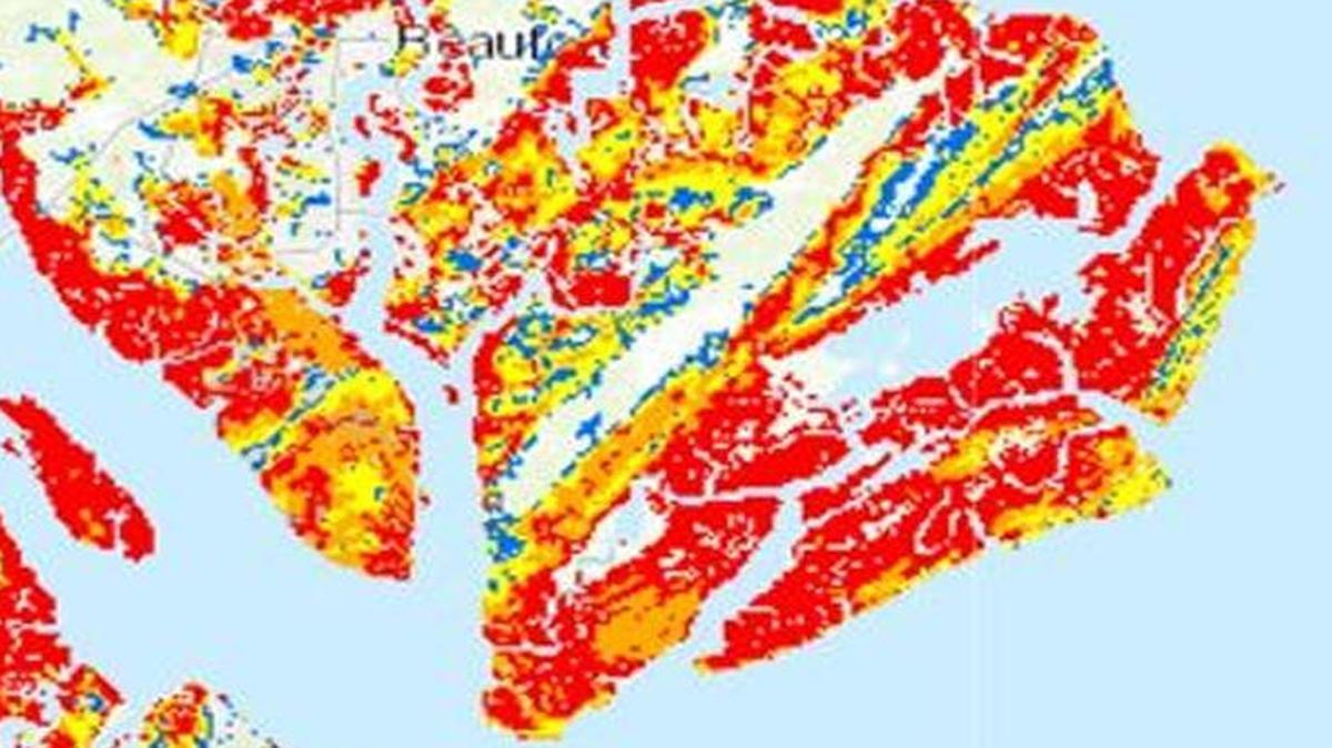 This flood map shows the areas that would be impacted by flooding during a Category 2 hurricane in Beaufort County.