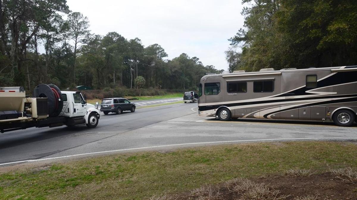 An RV emerging from the Hilton Head Harbor RV Resort & Marina on Jenkins Road waits to turn right Feb. 23 onto westbound U.S. 278.