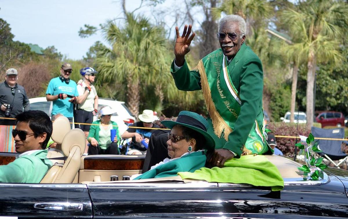 Emory Campbell, the 2018 grand marshal, waves as he rides in the 35th annual Hilton Head Island St. Patrick’s Day Parade on Hilton Head Island.